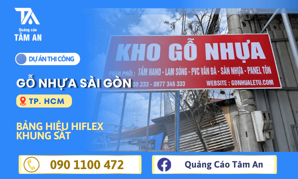 Thi công bảng hiệu khung sắt kết hợp lợp tôn nền và căng bạt in UV cho Gỗ Nhựa Sài Gòn